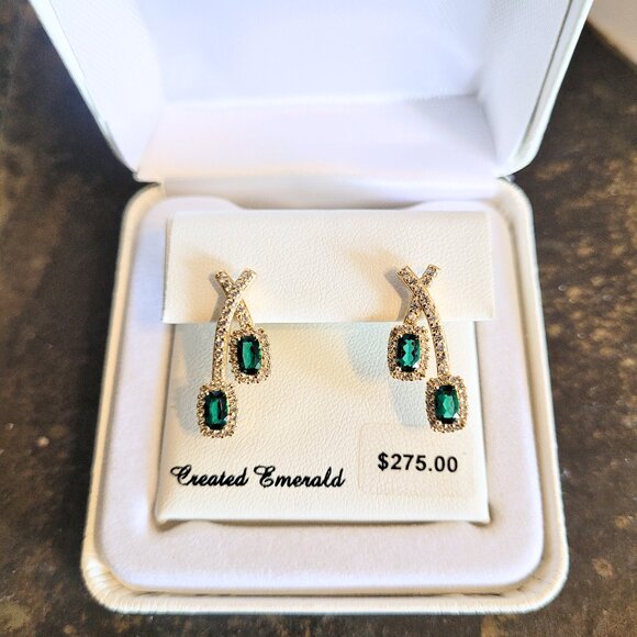 18k Gold Over 925 Silver Emerald & White Sapphire Drop Earrings - Picture 9 of 9
